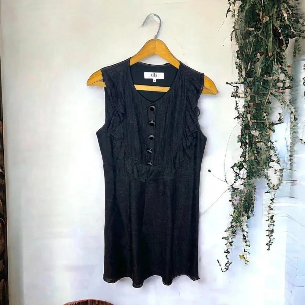 TIBI New York 100% Linen Floral Damask Ruffle Snap Button Sleeveless Dress